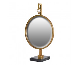 Designové kulaté art deco zrcadlo Lemmy na kovovém stojanu ve zlaté barvě a s černou mramorovou podstavou 77cm