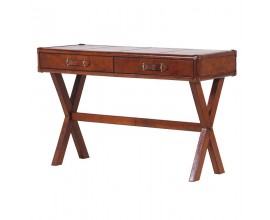 Luxusní koloniální psací stůl Merida se dvěma šuplíky potažený pravou kůží v hnědé barvě 121 cm