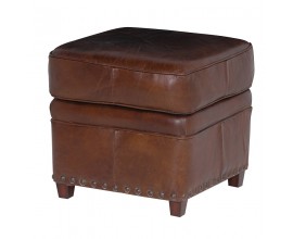 Luxusní vintage koňakově hnědá čtvercová kožená taburetka Clifford s potahem z pravé kůže se starožitným opotřebovaným efektem na dřevěných nožičkách
