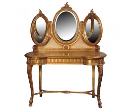 Luxusní zámecký zlatý toaletní stolek Roi Gilt se třemi oválnými zrcadly s ratanovým výpletem a vyřezávaným ornamentálním zdobením s prohnutými kabriolovými nožičkami