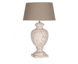 Designová vintage stolní lampa Scally s dřevěnou podstavou s bílým nátěrem s vymytým efektem a hnědým stínítkem 72 cm