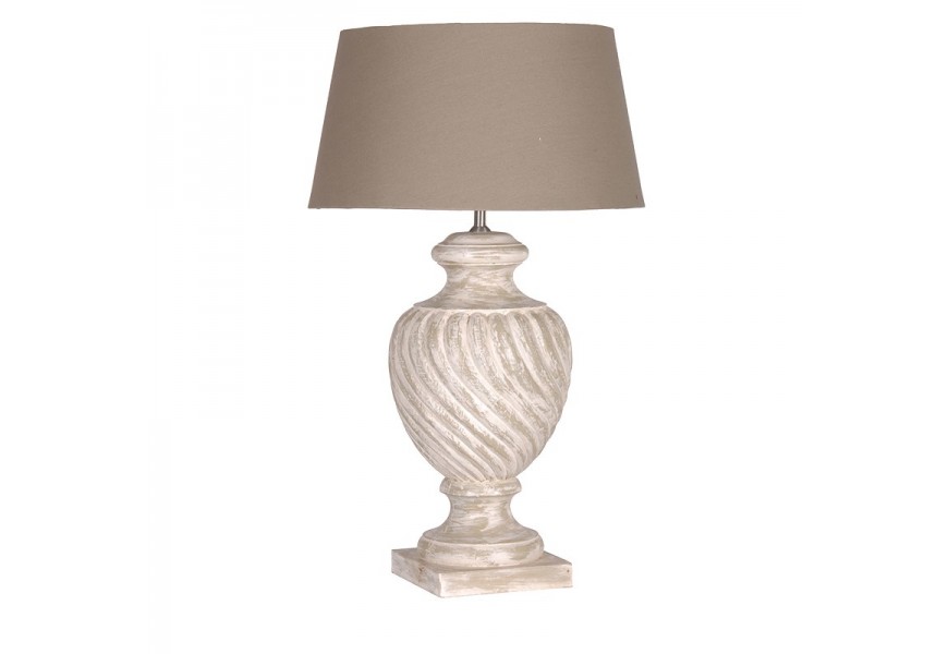 Designová vintage stolní lampa Scally s dřevěnou podstavou s bílým nátěrem s vymytým efektem a hnědým stínítkem 72 cm