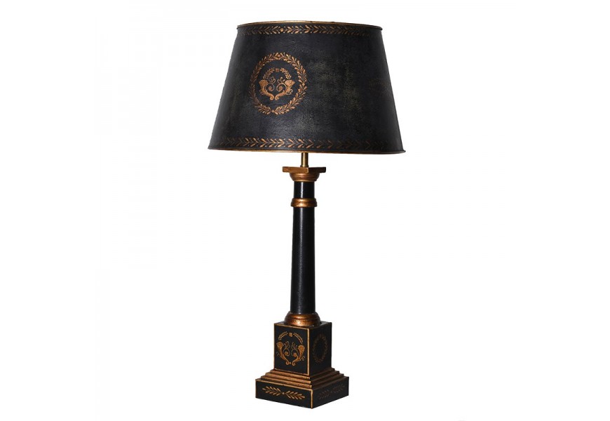 Designová vintage černá kovová lampa Empire s ornamentálním zdobením v bronzové barvě s hranatou podstavou a kulatým stínítkem