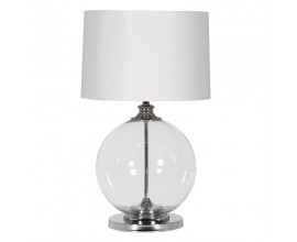 Designová art deco skleněná stolní lampa Ball s kulatou nohou a válcovým lněným stínítkem v bílé barvě 71 cm