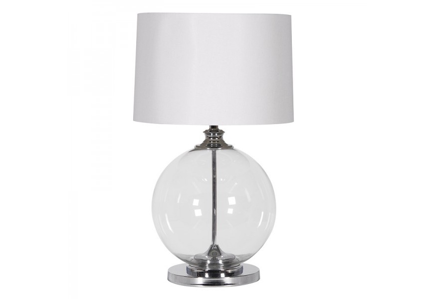 Stylová noční lampa Ball v bílé barvě v art deco stylu s kulatou skleněnou nohou s kovovou stříbrnou podstavou a válcovým bílým lněným stínítkem