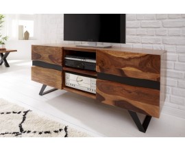 Designový TV stolek Sheesham z masivního dřeva s dvěma dvířky a černými kovovými nohami 160cm
