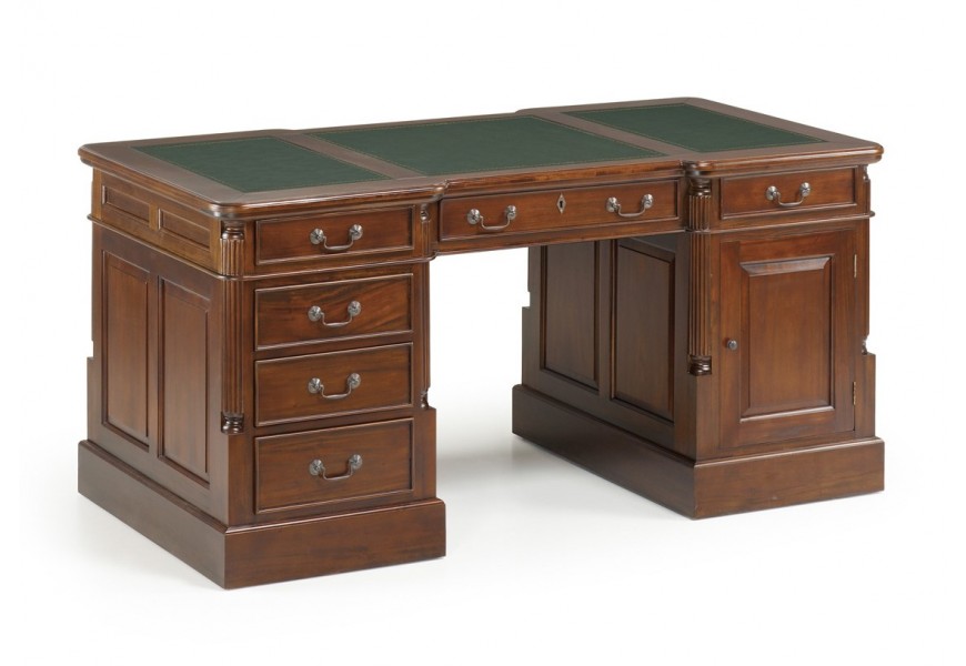Luxusní mahagonově hnědý psací stůl v rustikálnym stylu s vyrezávanou výzdobou a zeleným koženým potahem