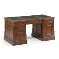 Luxusní mahagonově hnědý psací stůl v rustikálnym stylu s vyrezávanou výzdobou a zeleným koženým potahem