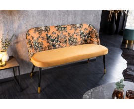 Art-deco stylová lavice Floreque do předsíně se sametovým žlutým potahem s květinovým vzorem 130cm