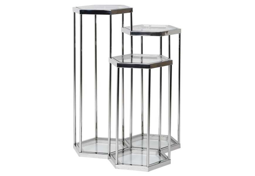 Designový trojitý příruční stolek Helvete v art deco stylu s kovovou konstrukcí šestiúhelníkového tvaru se skleněnou výplní