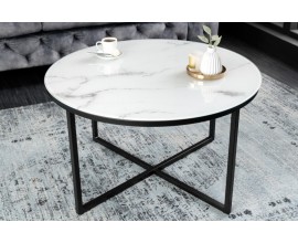 Moderní bílý kulatý konferenční stolek Industria Marbleux s mramorovým vzhledem s černou kovovou podstavou 80cm