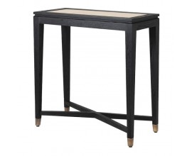 Luxusní konzolový stolek Emperor z dubového masivu černé barvy s hnědým ratanovým výpletem a temperovaným sklem 76cm