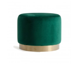 Art deco designová kulatá taburetka Saanvi se smaragdově zeleným sametovým potahem a dřevěnou podstavou 51cm