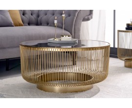 Elegantní glamour konferenční stolek Esme se zlatou konstrukcí z kovu a kulatou černou skleněnou deskou
