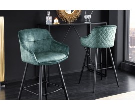 Designová glamour barová židle Rufus s modrozeleným sametovým potahem a černou kovovou konstrukcí 100cm