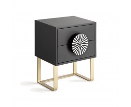 Luxusní art deco noční stolek Tesoreria v černé barvě se dvěma šuplíky s úchytkou z kostovou inkrustací 50 cm