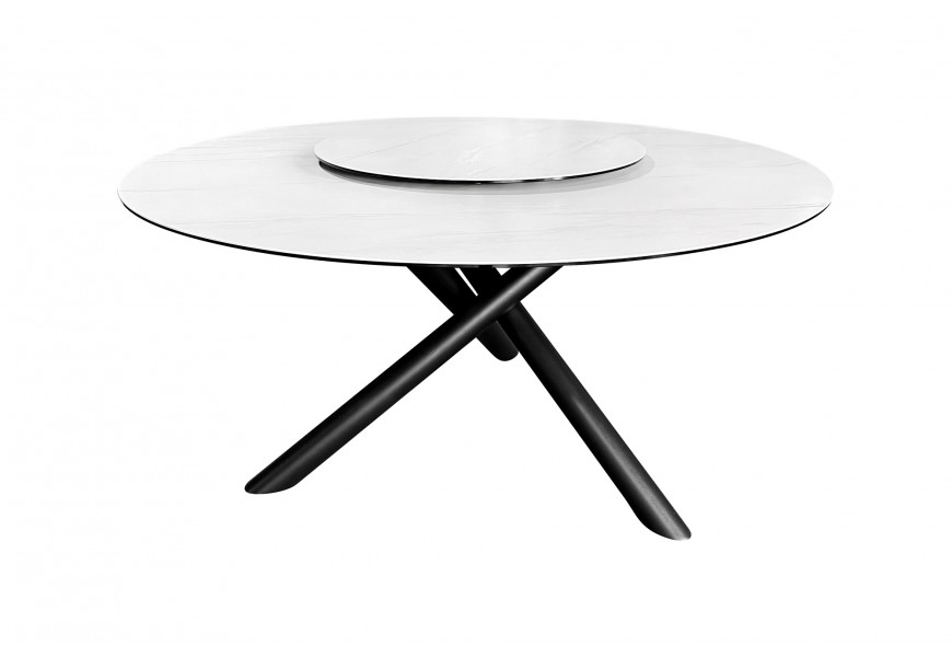Moderní bílý kulatý jídelní stůl Siam s vrchní deskou z mramoru se středovým otočným talířem a černými překříženými kovovými nožičkami