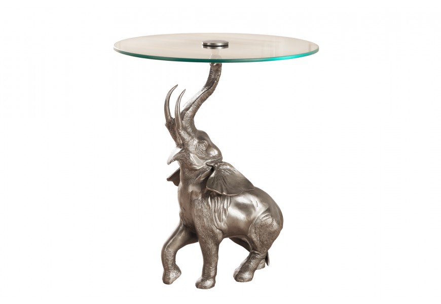 Designový vintage stříbrný příruční stolek Balarama s kovovou figurální podstavou ve tvaru slona s kulatou skelnou vrchní deskou