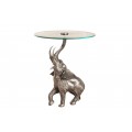 Designový vintage stříbrný příruční stolek Balarama s kovovou figurální podstavou ve tvaru slona s kulatou skelnou vrchní deskou