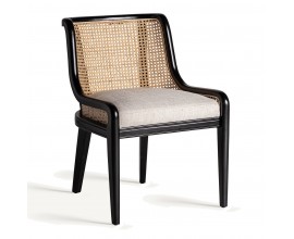 Luxusní černá jídelní židle Vienna s béžovým vídeňským výpletem a šedou čalouněnou sedací částí 77 cm