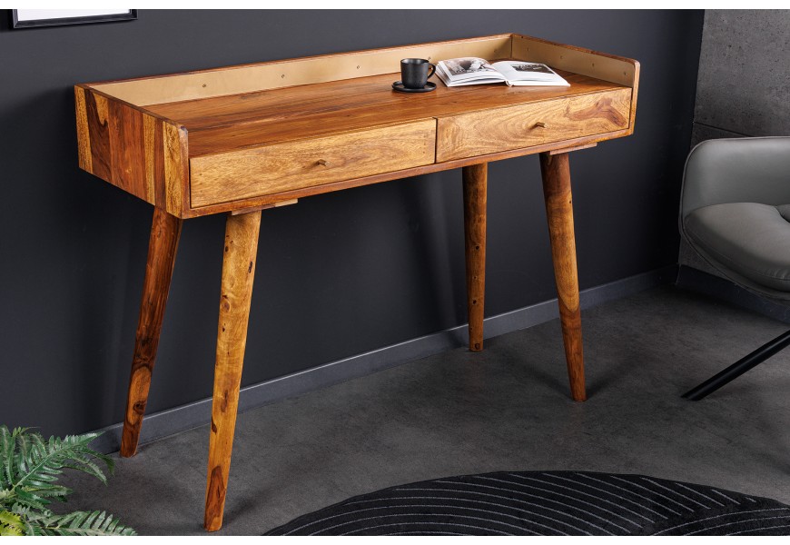 Retro hnědý psací stůl Paolo z masivního palisandrového dřeva se dvěma zásvkami a vyvýšenými okraji vrchní desky na zešikmených nožičkách