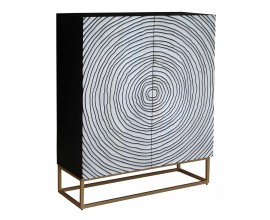 Designová art deco barová skříňka Tocón s černo bílým reliéfním zdobením dvířek a zlatou metalickou podstavou 120 cm