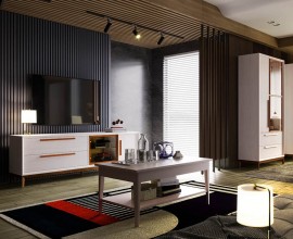Luxusní masivní bílá sestava nábytku do obývacího pokoje Estoril s hnědými detaily a moderním lineárním designem