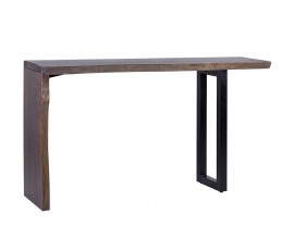 Designový industriální obdélníkový konzolový stolek Lense z hnědého masivního dřeva a černou kovovou nohou 150 cm
