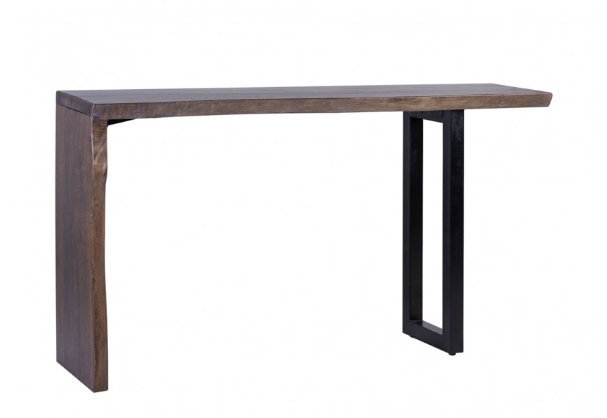 Stylový obdélníkový konzolový stolek Lense z hnědého masivního dřeva s kovovou nohou ve tvaru U v matné černé barvě
