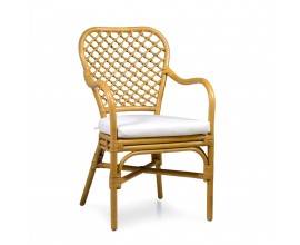 Designová jídelní židle Remi z ratanu v hnědé medové barvě s lesklým hladkým povrchem a zaobleným tvarem z ohýbaného dřeva