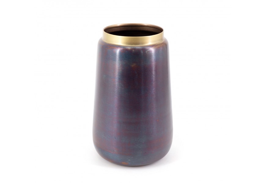 Stylová antická hliníková váza v tmavé antracitové barvě s fialovým leskem a se zlatým detailem v art deco nádechu