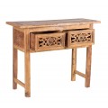 Designový orientální konzolový stolek Klín z masivního hnědého dřeva v obdélníkovém tvaru s vyřezávanými zásuvkami s etno nádechem