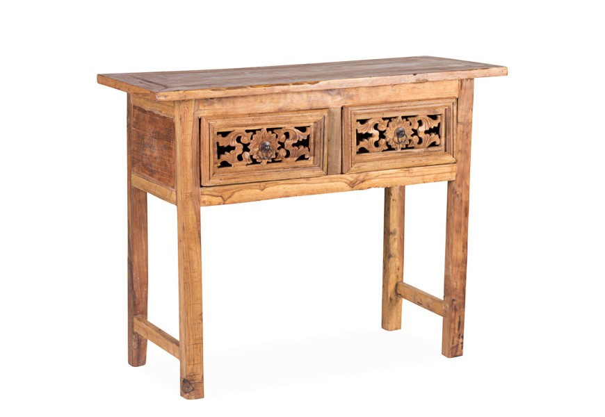 Stýlový etno konzolový stolek Kilen z masivního dřeva v obdélníkovém tvaru s vyřezávanými zásuvkami v hnědé barvě s orientálním nádechem