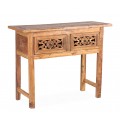 Stýlový etno konzolový stolek Kilen z masivního dřeva v obdélníkovém tvaru s vyřezávanými zásuvkami v hnědé barvě s orientálním nádechem