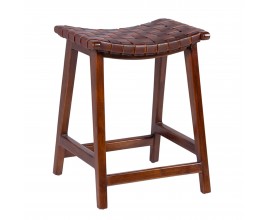 Luxusní koloniální barová židle Crosby bez opěrek se sedací částí z pravé kůže s lineárním výpletem hnědá 60 cm