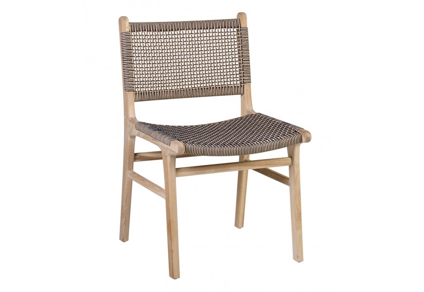 Designová zahradní hnědo-modrá židle Trapani s rámem z teakového dřeva a výpletem se čtvercovým vzorem z provazu