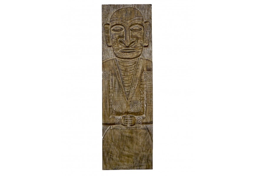 Orientální přírodní hnědý dřevěný dekorativní panel Isu z týkového dřeva s vyřezávanou figurou ve stylu primitivního umění