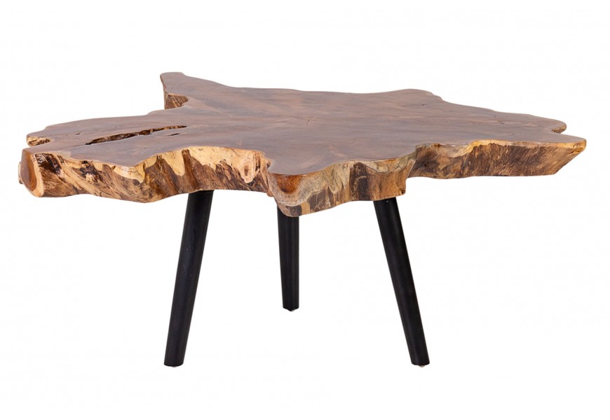 Masivní moderní hnědý konferenční stolek Tectona s vrchní deskou z týkového dřeva s designem průřezu kmene v přírodních hnědých odstínech se třemi černými nožičkami