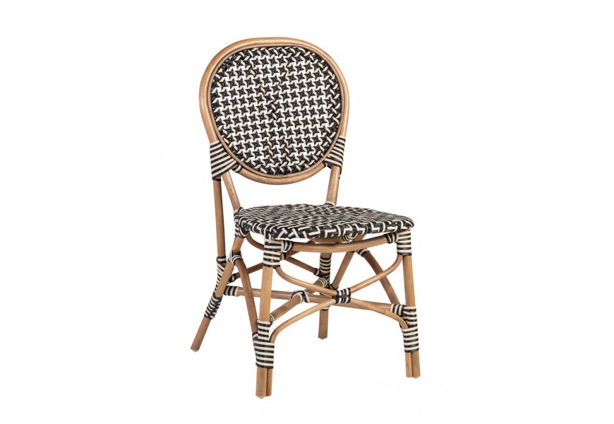 Stylová ratanová černo-bílá zahradní židle Bistro s hnědým rámem a kulatou zádovou opěrkou