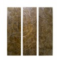 Masivní orientální tmavá hnědá nástěnná dekorace Kiribila ze tří závěsných panelů z teakového dřeva s vyřezávaným zdobením se vzorem spirál