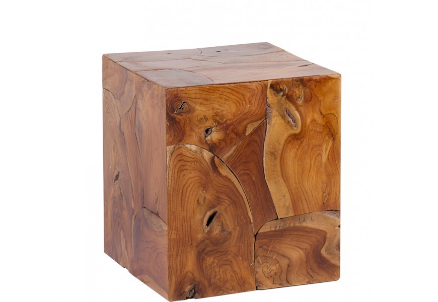 Moderní hnědý čtvercový příruční stolek Cubus z masivního teakového dřeva ve světlých hnědých odstínech s přírodní kresbou letokruhů
