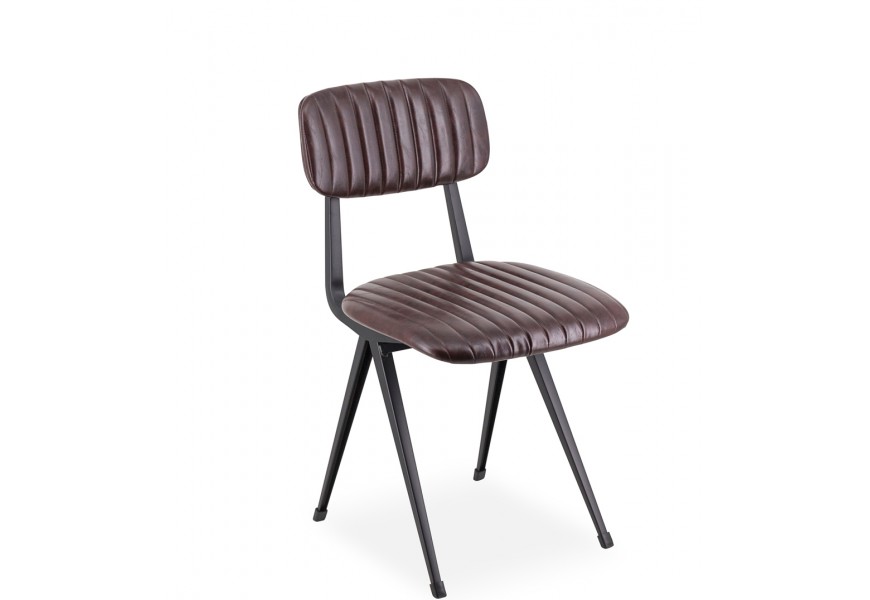 Moderní hnědá industriální židle Hethford s koženým čalouněním s dekorativním lineárním prošíváním na potahu z ekokůže s černou kovovou konstrukcí