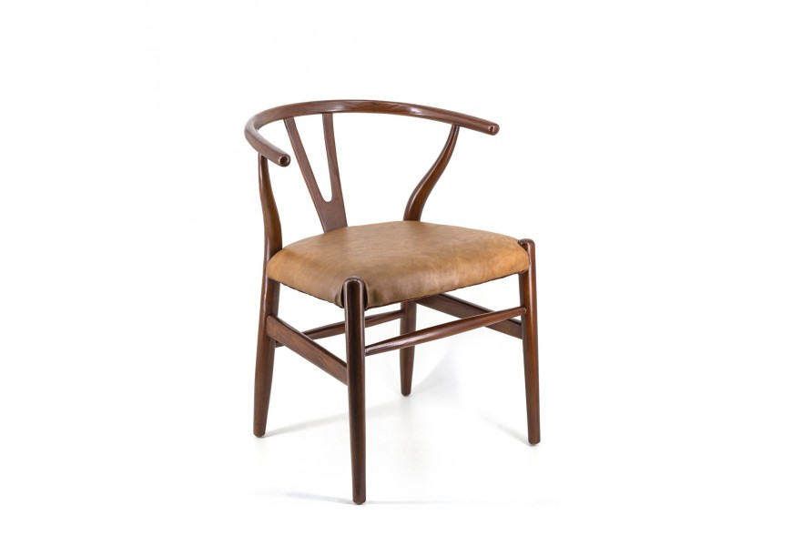 Luxusní hnědá jídelní židle Gamelua s opěrkami na ruce s čalouněnou sedací částí s potahem z pravé kůže as masivním rámem z teakového dřeva