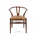 Luxusní kožená židle Gamelua s rámem z hnědého teakového dřeva a čalouněným sedadlem z pravé kůže v velbloudí hnědé barvě 73 cm