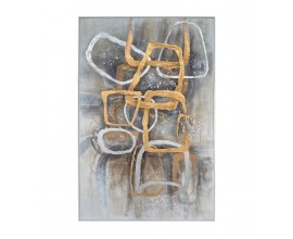Designový obraz Chains ručně malovaný olejovými barvami s motivem řetízků v šedé barvě se zlatými metalickými akcenty v jednoduchém bílém dřevěném rámu