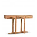 Moderní světle hnědý konzolový stolek Vegil z masivního teakového dřeva s úložným prostorem se třemi zásuvkami s kovovými úchyty ve zlaté barvě