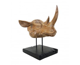 Designová etno hnědá dekorace Rhino z masivního dřeva s černým podstavcem 45 cm