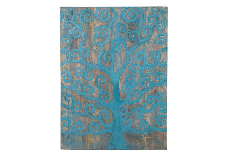 Stylový etno dekorativní dřevěný obraz Tuo s modrým stromem120 cm