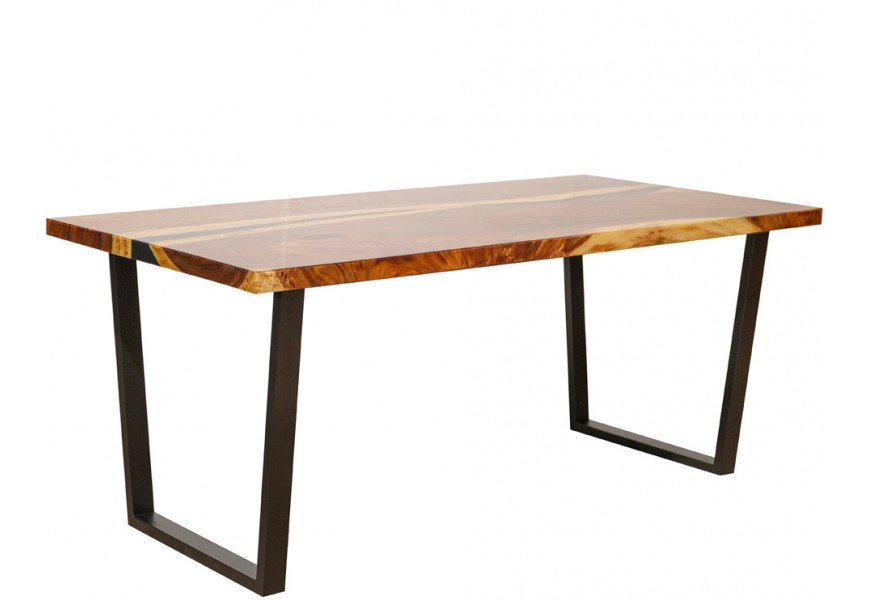 Luxusný moderný jedálenský stôl Resin z masívneho dreva s černými kovovými nožičkami 180 cm