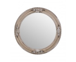 Designové provensálské masivní zrcadlo v kulatém tvaru z eukalyptového dřeva se stříbrnými detaily v béžové barvě